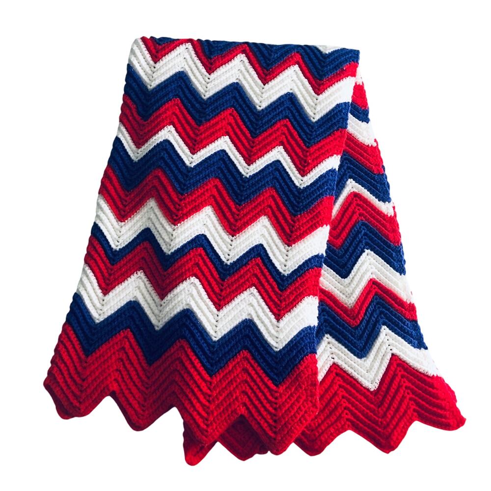 Bright Handmade Crochet Lap Throw Blanket Red Purple Chevron VTG Style